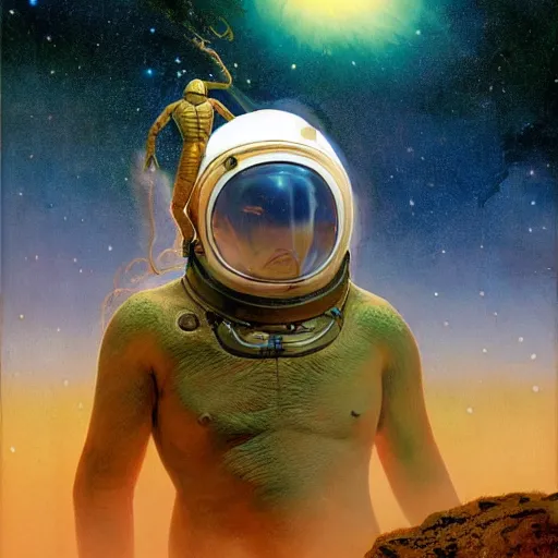 Prompt: photoreal, full body portrait of an amphibian beast in a space helmet on a rocky planet, nebula milky way background, by norman rockwell and boris vallejo, artstation, concept character art