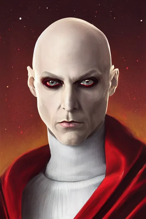 Image similar to a bald pale sorcerer in his late ninetees. stately and dour in his expression. eyeliner accentuates his sunken eyes. a high black turtleneck covers his thin neck. opulent white golden red robe. white leather gloves with gold decoration, sharp focus, illustration, digital painting, art by magali villeneuve
