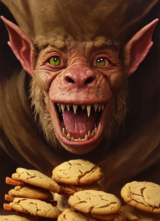 Prompt: highly detailed closeup portrait of a medieval goblin eating cookies, stephen bliss, unreal engine, greg rutkowski, ilya kuvshinov, ross draws, hyung tae and frank frazetta, tom bagshaw, tom whalen, nicoletta ceccoli, mark ryden, earl norem, global illumination, god rays, detailed and intricate environment