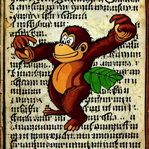 Image similar to Donkey Kong slips on a banana with a bunch on his arms, medieval text book art