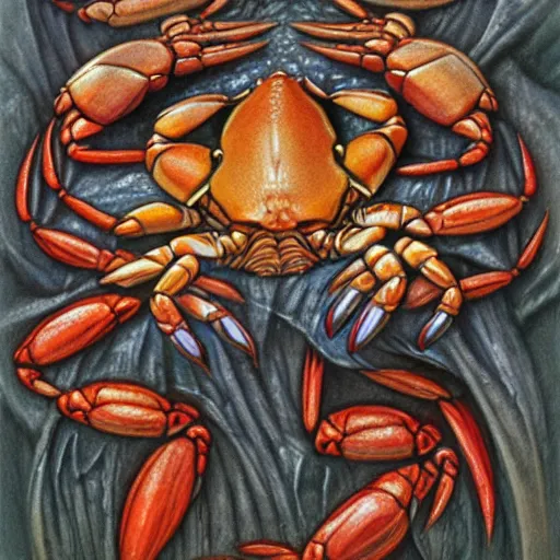 Image similar to detailed and sharp crab artwork, mystic style, detailed, 8 k, detailed, symmetrical, by brian froud