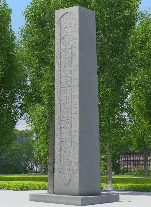 Image similar to highly detailed realistic architecture 3 d render of a futurisctic stele monument made from atomic structure standing in a city park, archdaily, made in unreal engine 4 octane render