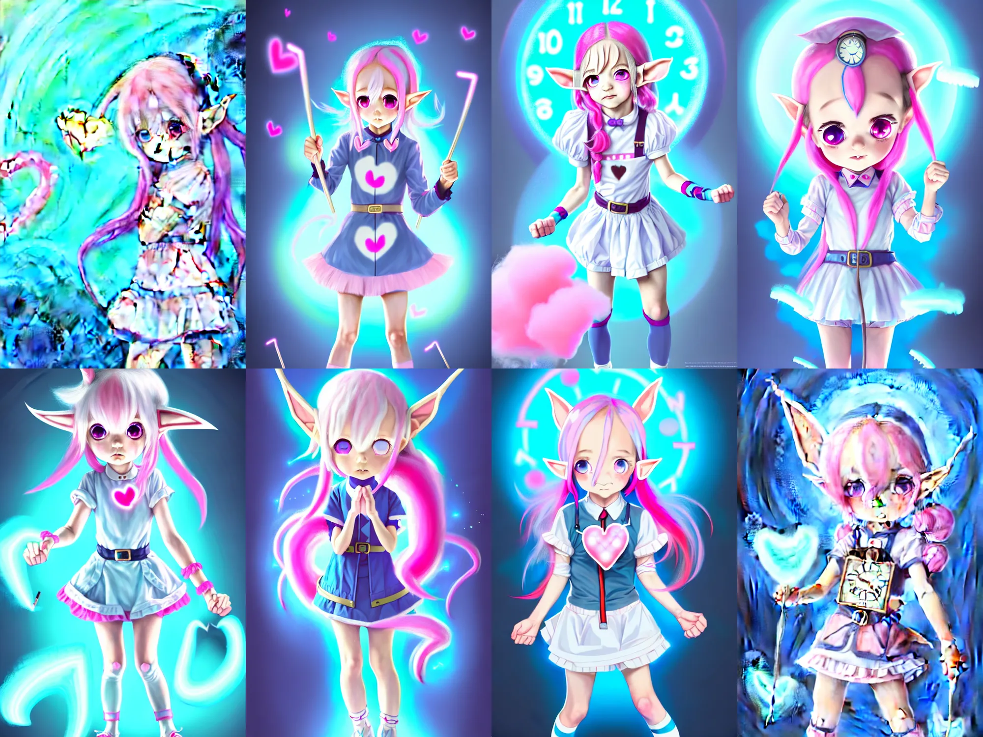 Prompt: Time traveler, small loli girl, with small pointy elf ears, detailed face, light-blue eyes, cotton candy-like pink hair with low heart-shaped drills, wearing time traveler outfit clock-style, in a fighting stance, digital painting, artstation, concept art, soft light, hdri, smooth, sharp focus, illustration, Mihoyo, art by tian zi and craig mullins and WLOP and alphonse mucha