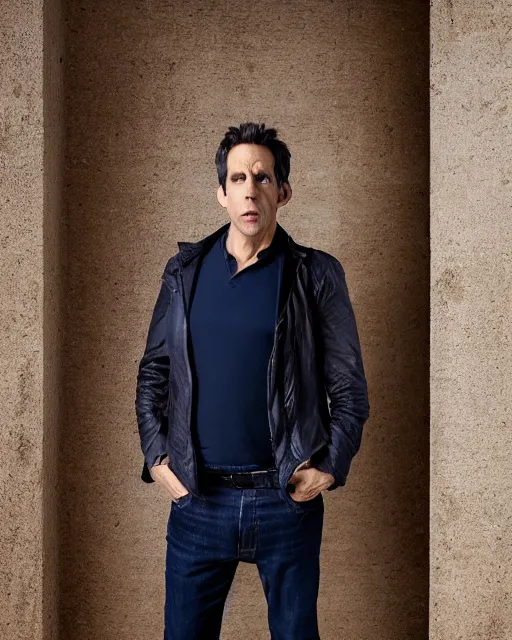 Image similar to Fully-clothed full-body portrait of Ben Stiller as a model, XF IQ4, 50mm, F1.4, studio lighting, professional, 8K