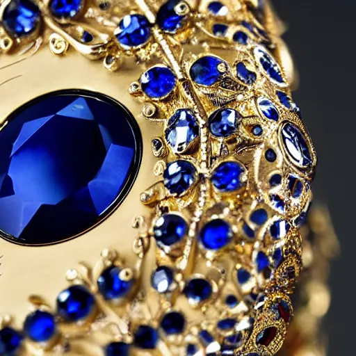 Prompt: close up of a sapphire and gold wrist watch, intricate, complex, high detail