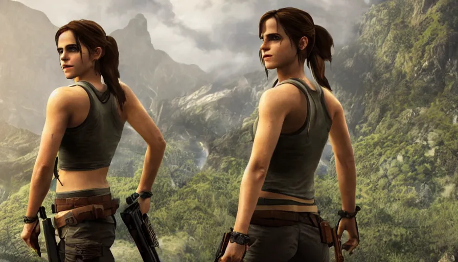 Image similar to emma watson as lara croft in the new videogame, 8 k screenshot closeup