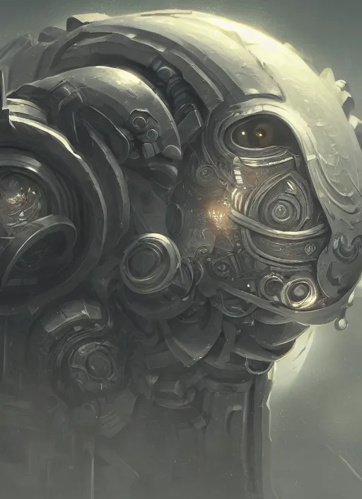 Image similar to a highly detailed illustration of worn down colossal silver mechanical giant, with big glowing iron giant eyes, gentle calm doting pose, intricate, elegant, highly detailed, centered, digital painting, artstation, concept art, smooth, sharp focus, league of legends concept art, WLOP