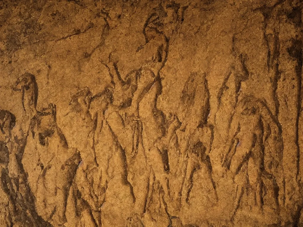 Prompt: Plato's cave myth as a cave painting, shadows on cave walls