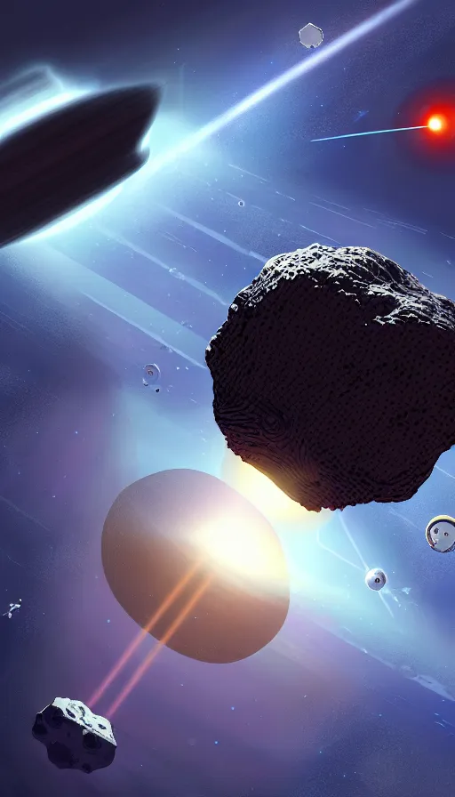 Image similar to Sci-fi illustration of a asteroid crushing space station by Pascal Blanché