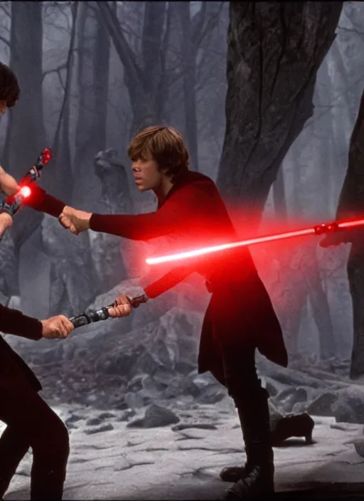 Image similar to Brutal combat Harry Potter vs Luke Skywalker. Film still. Harry Potter on the left side and Luke Skywalker with red light saber on the right side in Hogwarts near a broken X-wing ship, high detail