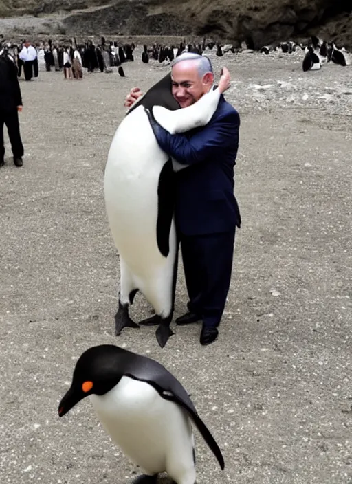 Prompt: benjamin netanyahu hugging a penguin