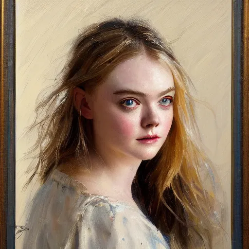 Prompt: professional painting of Elle Fanning in the style of Daniel F. Gerhartz, head and shoulders portrait, symmetrical facial features, smooth, sharp focus, illustration, intricate, stormy weather, extremely detailed masterpiece,