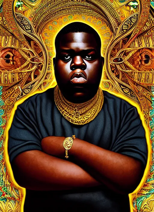 Image similar to : notorious big , fantasy magic,  , intricate, sharp focus, illustration, highly detailed, digital painting, concept art, jahbu art and Paul lewin and kehinde wiley, masterpiece