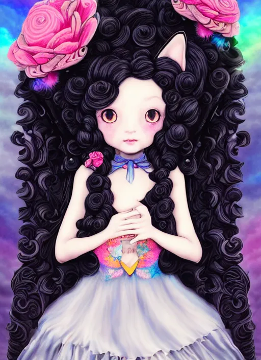 Image similar to dark fantastic illustration of beautiful cat girl witch with a robot, curls hair, rococo ruffles dress, rosette, symmetrical face, pastel rainbow, pearlescent, cute, fairy, rim light, by mai yoneyama, rolua, detailed background,, artstation, concept art, highly detailed, colorful, maximalist