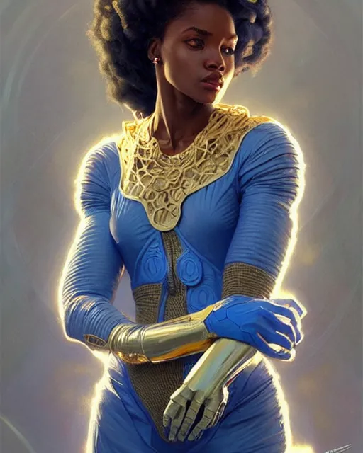 Image similar to Portrait of very very very very very very beautiful nigerian woman, spacesuit, blue eyes, real life skin, intricate, elegant, highly detailed, artstation, concept art, smooth, sharp focus, art by artgerm and greg rutkowski and alphonse mucha