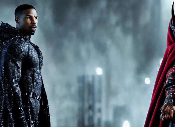 Image similar to film still of michael b jordan as spawn in the new spawn movie, giant chains, large cape, 8 k
