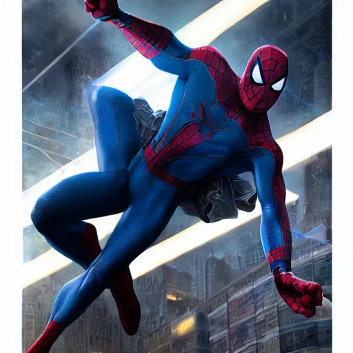 Image similar to ryan reynolds as spider - man, wearing a black and blue suit, cinematic, volumetric lighting, f 8 aperture, cinematic eastman 5 3 8 4 film, photorealistic by greg rutkowski, by stanley artgerm, by alphonse mucha