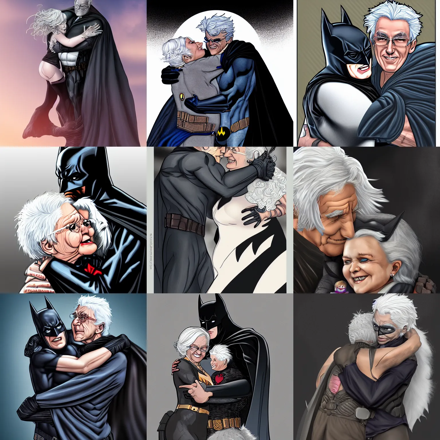 Prompt: batman being hugged by a white haired grandma, highly detailed, 4 k, prize winning, heartwarming, trending on artstation