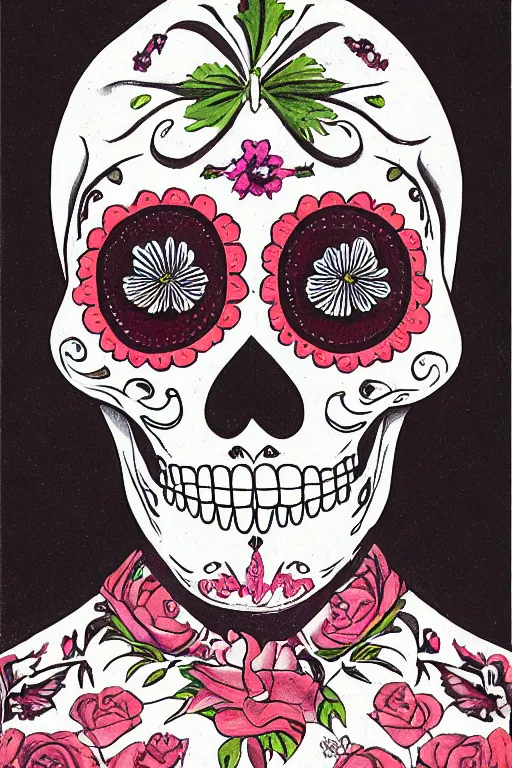 Prompt: Illustration of a sugar skull day of the dead girl, art by marcel duchamp