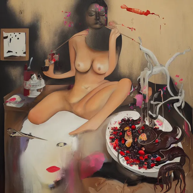 Image similar to sensual, a portrait in a female art student's bedroom, black walls, a woman sitting on a bed made of pancakes, honey dripping, berries dripping, chocolate, surgical supplies, ikebana, octopus, neo - expressionism, surrealism, acrylic and spray paint and oilstick on canvas