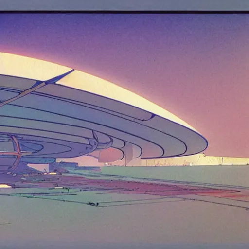 Image similar to [ illustration of a spaceport ] [ gauche watercolour soft beautiful colours ] [ moebius, science fiction art ]