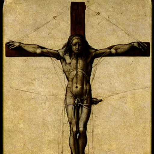 Prompt: Leonardo da Vinci's Vetruvian Man crucified on a cross like Christ