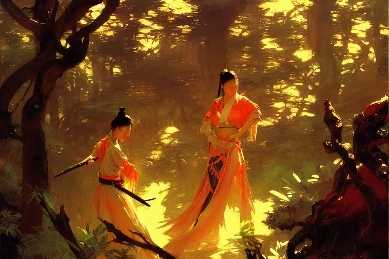 Prompt: wuxia, forest, neon light, painting by gaston bussiere, craig mullins, j. c. leyendecker