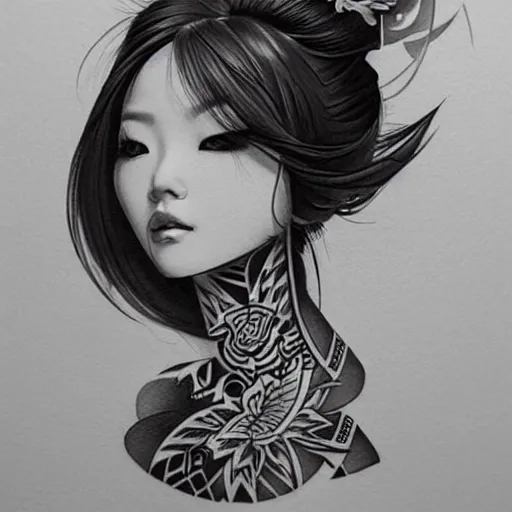 Image similar to tattoo design, stencil, traditional Japanese, beautiful portrait of a girl by artgerm, artgerm, digital art