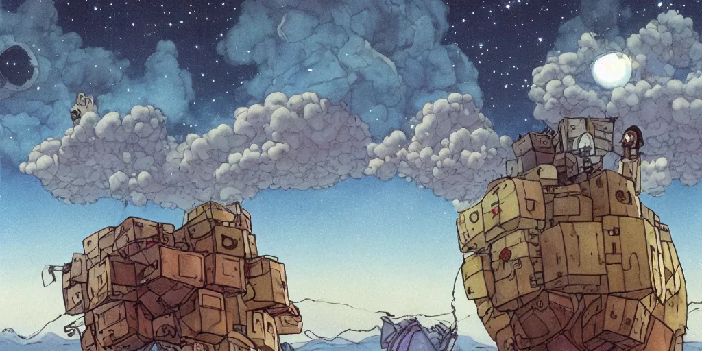 Prompt: a realistic cell - shaded concept art from howl's moving castle ( 2 0 0 4 ) of a huge floating cube from close encounters of the third kind ( 1 9 7 7 ). it is a misty starry night. a mammoth is in the background. very dull colors, hd, 4 k, hq