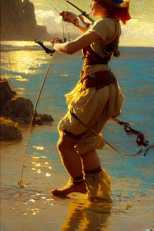 Image similar to fishing maid, highly detailed painting by gaston bussiere, craig mullins, j. c. leyendecker 8 k