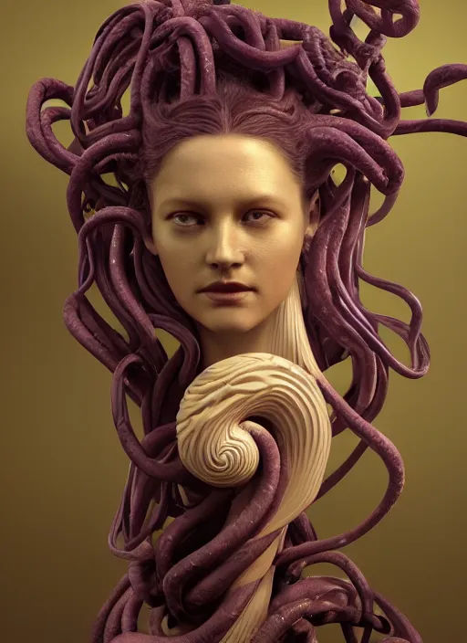 Image similar to medusa made of soft wax, wooden art nouveau swirls, strong subsurface scattering, cables, tubes, subsurface scattering, in the style of ruan jia and beeple and giger, subsurface scattering, mystical colors, rim light, dramatic lighting, 8 k, stunning scene, raytracing, octane render, trending on artstation