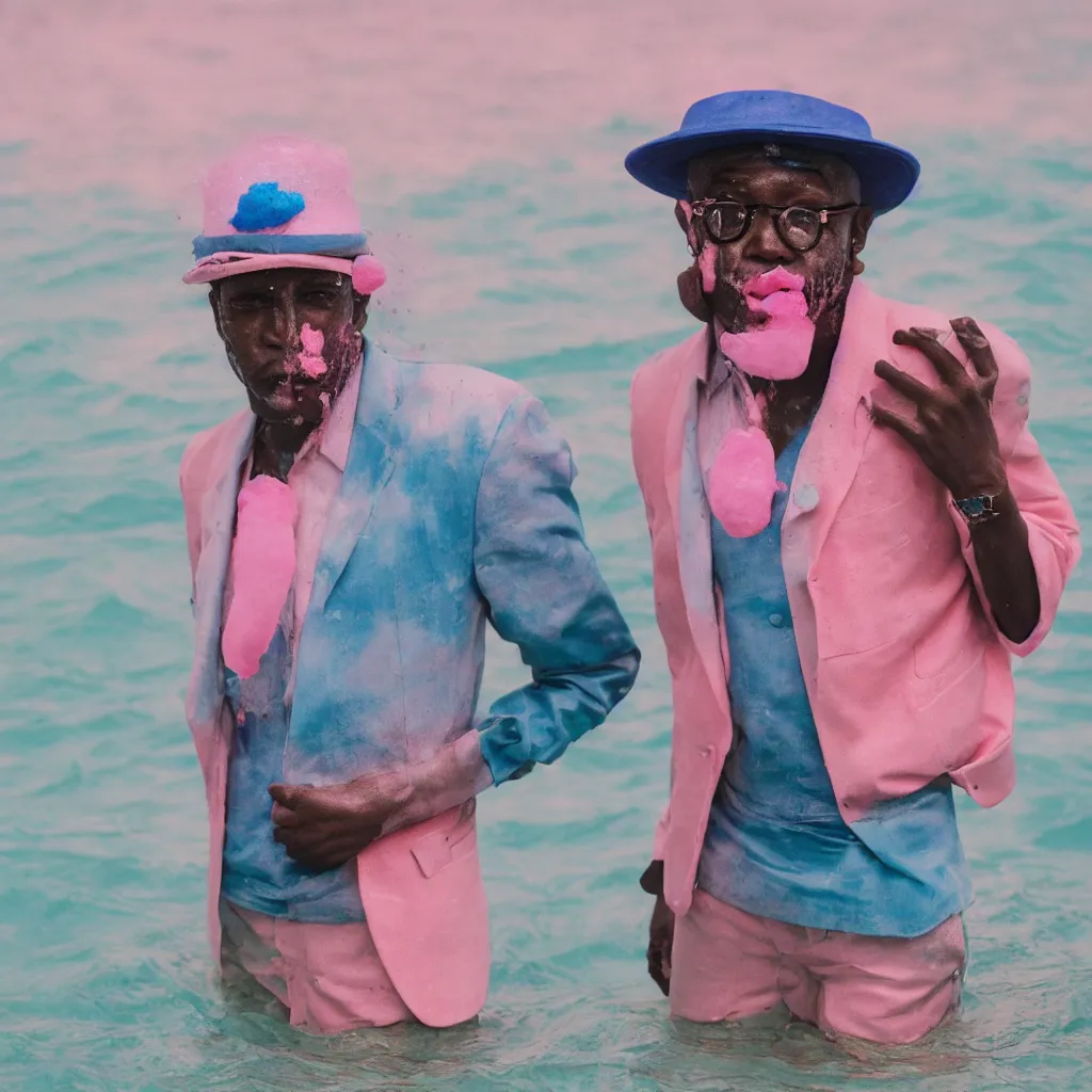 Prompt: Magazine style cover photo of a pastel colored men with blue lips, wearing a pink 3d rendered hat on top of his head. Standing in knee-deep water. Telephoto lens, f2/8