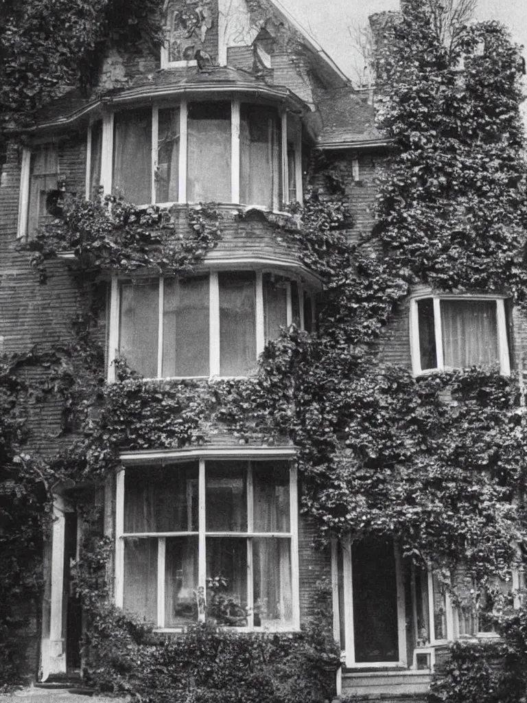 Prompt: 1970s photograph. beautiful exterior view of an old victorian house. a creepy man's face is in the window