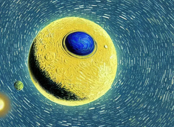 Prompt: 3d render of an egg shaped planet flying through interstellar space depicted by Vincent van Gogh