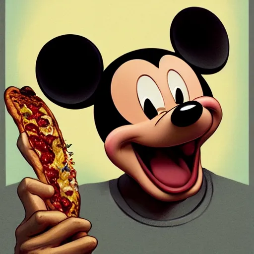 Image similar to portrait of Mickey mouse opening his mouth to eat pizza, highly detailed, digital painting, artstation, concept art, sharp focus, illustration, art by artgerm and greg rutkowski and alphonse mucha