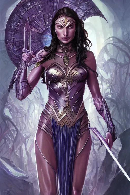 Prompt: gal gadot as a slaanesh cultist, anatomy, cute, fantasy, intricate, elegant, highly detailed, digital painting, 4 k, hdr, concept art, smooth, sharp focus, illustration, art by artgerm and h r giger and alphonse mucha