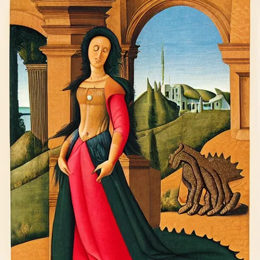 Image similar to portrait of an anthropomorphic stegosaurus, dressed as an italian princess, sandro bottecelli, 1 5 0 0