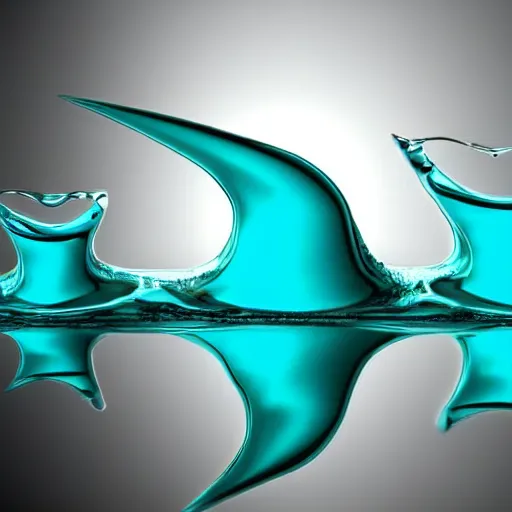 Image similar to a small turquoise color liquid water sculpture is a corvette, hybrid, viscous, reflective, monochromatic, digital art