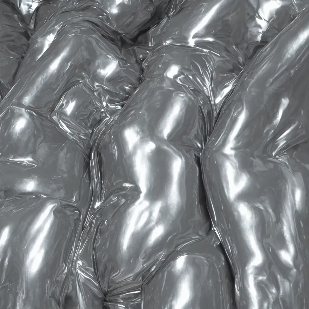 Prompt: chrome effect metallic texture of a a inflatable transparent human