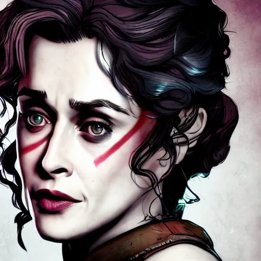 Image similar to helena bonham carter portrait, borderlands, tales from the borderlands, the wolf among us, comic, cinematic lighting, studio quality, 8 k