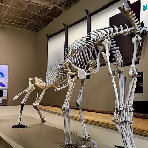 Prompt: full view of a anatomically complete unicorn skeleton in a museum, detailed photograph