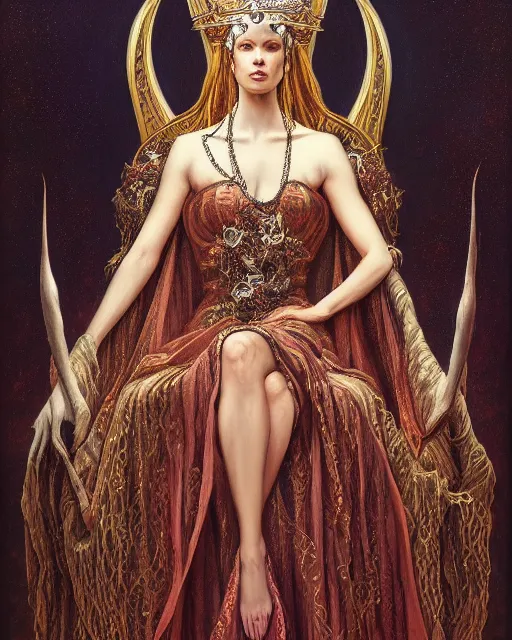 Image similar to full view Symbolic portrait of an ethereal Queen in a crown of sorrow wearing a ornate dress sitting on a throne by Gerald Brom and Jean Delville, detailed and realistic, featured on Artstation, soft lighting, behance
