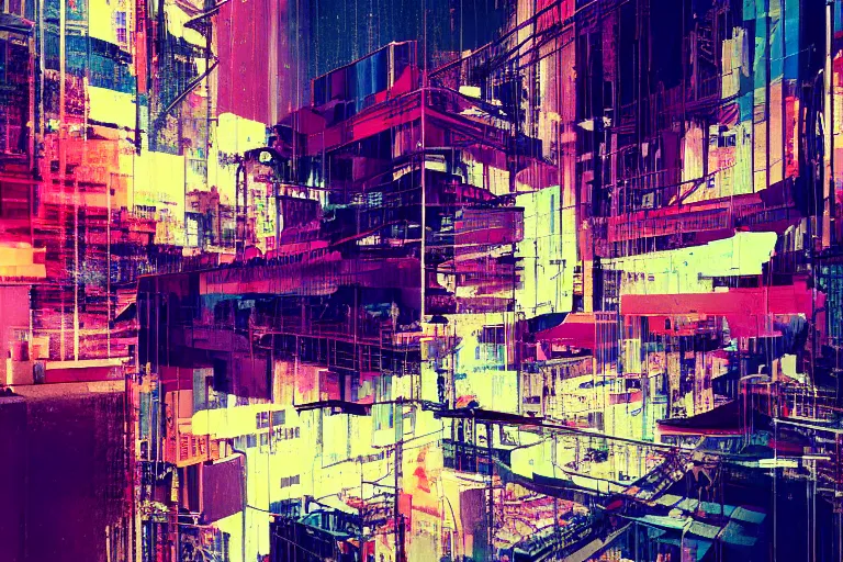 Image similar to fragmented architecture collage by atelier olschinsky and Ernst Haas, cyberpunk, (high contrast), ((oversaturated)), grafitti paint, bokeh, dof, unreal engine