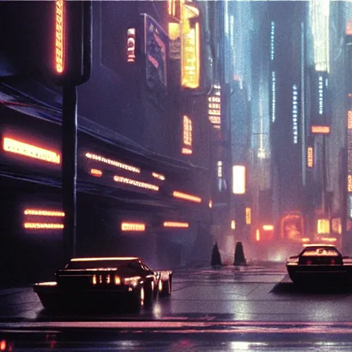 Image similar to from movie bladerunner, a scifi vehicle in a street, scene from bladerunner movie, mcquarrie