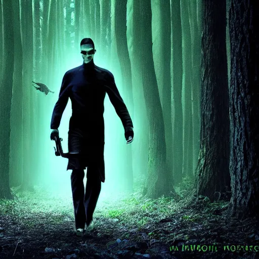 Image similar to dark forest protected by strange creature, the matrix movie style