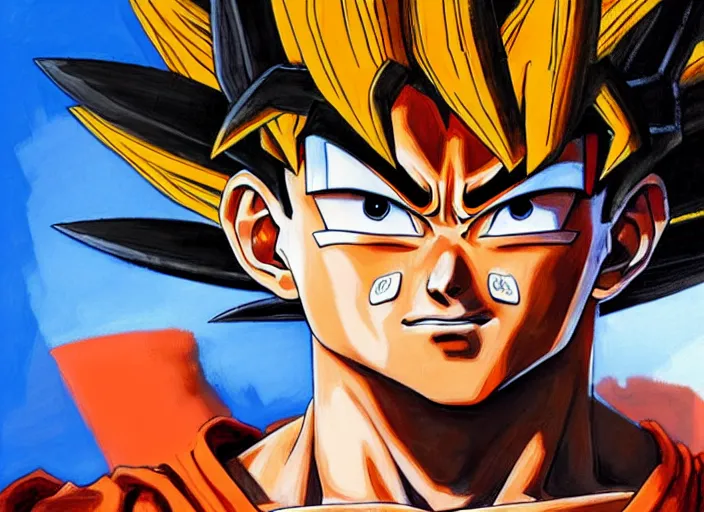 Image similar to a highly detailed beautiful portrait of goku, by gregory manchess, james gurney, james jean