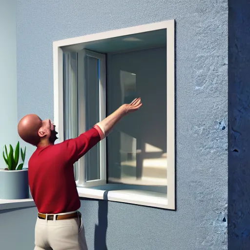Image similar to 3 d rendered image of a man opening window, fresh air blender 3 d keyshot unreal engine