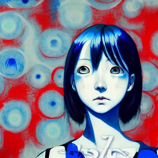 Image similar to blue and white color palette, yoshitaka amano blurred and dreamy realistic three quarter angle horror portrait of a sinister young woman with short hair, big earrings and red eyes wearing office suit with tie, junji ito abstract patterns in the background, satoshi kon anime, noisy film grain effect, highly detailed, renaissance oil painting, weird portrait angle, blurred lost edges