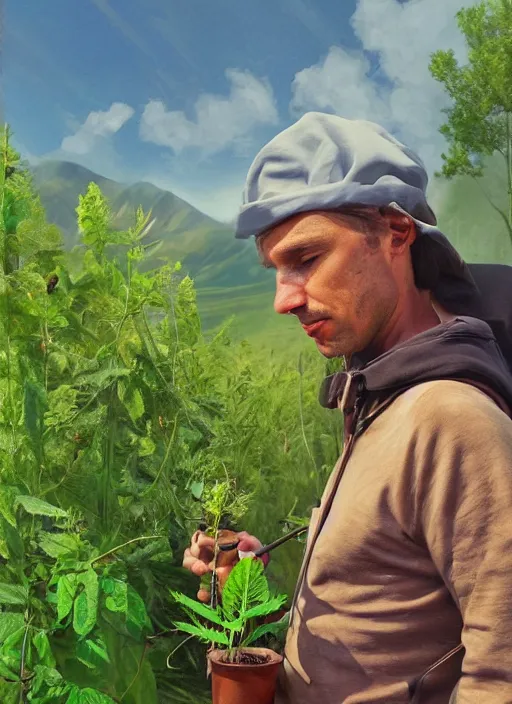 Image similar to digital portrait of a person looking like aleksandr lukanhesko cultivating weed in mountains, hot sun, photo realism