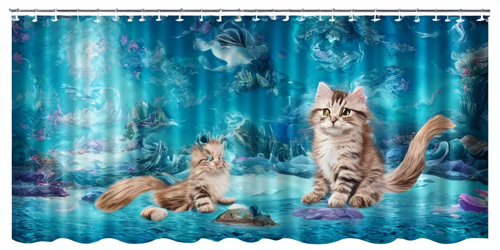 Image similar to a main coon kitten little mermaid themed shower curtain, product photography. digital art. 4 k, highly detailed.